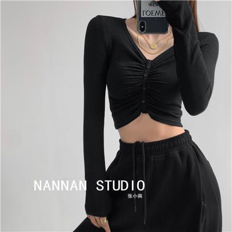 French style sexy stretch thread sweater slim fit slimming long sleeve short navel T-shirt jazz dancing top for women