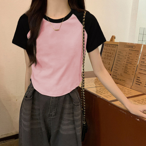American Retro Pure Cotton Short-Sleeve T-Shirt for Women 2025 Summer Colorblock Short Length Shoulder-Style Top