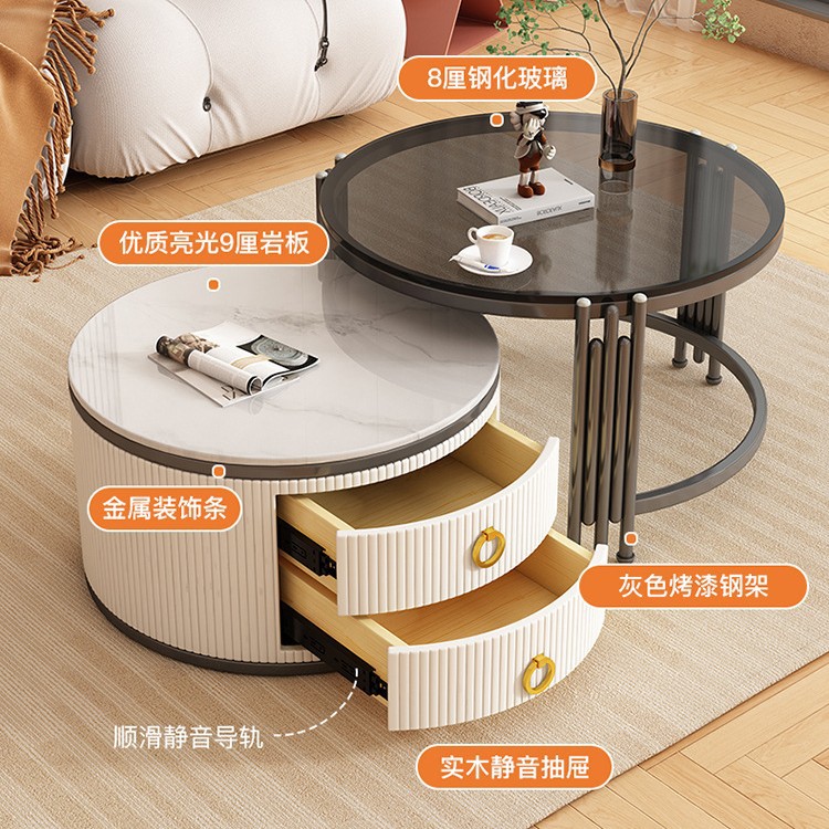 Tabla de té moderna de vidrio de roca tamaño combinado sala de estar ligera de lujo doméstica simple pequeña casa retráctil redonda alta baja