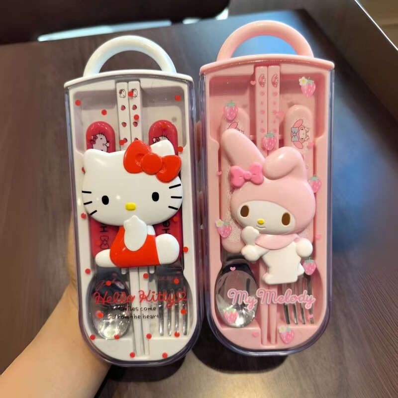 Melody Kt High-Appearance Cute Cartoon Set Box with Spoon, Chopsticks, and Fork Stainless Steel Four-Piece Portable Tableware for Children and Students