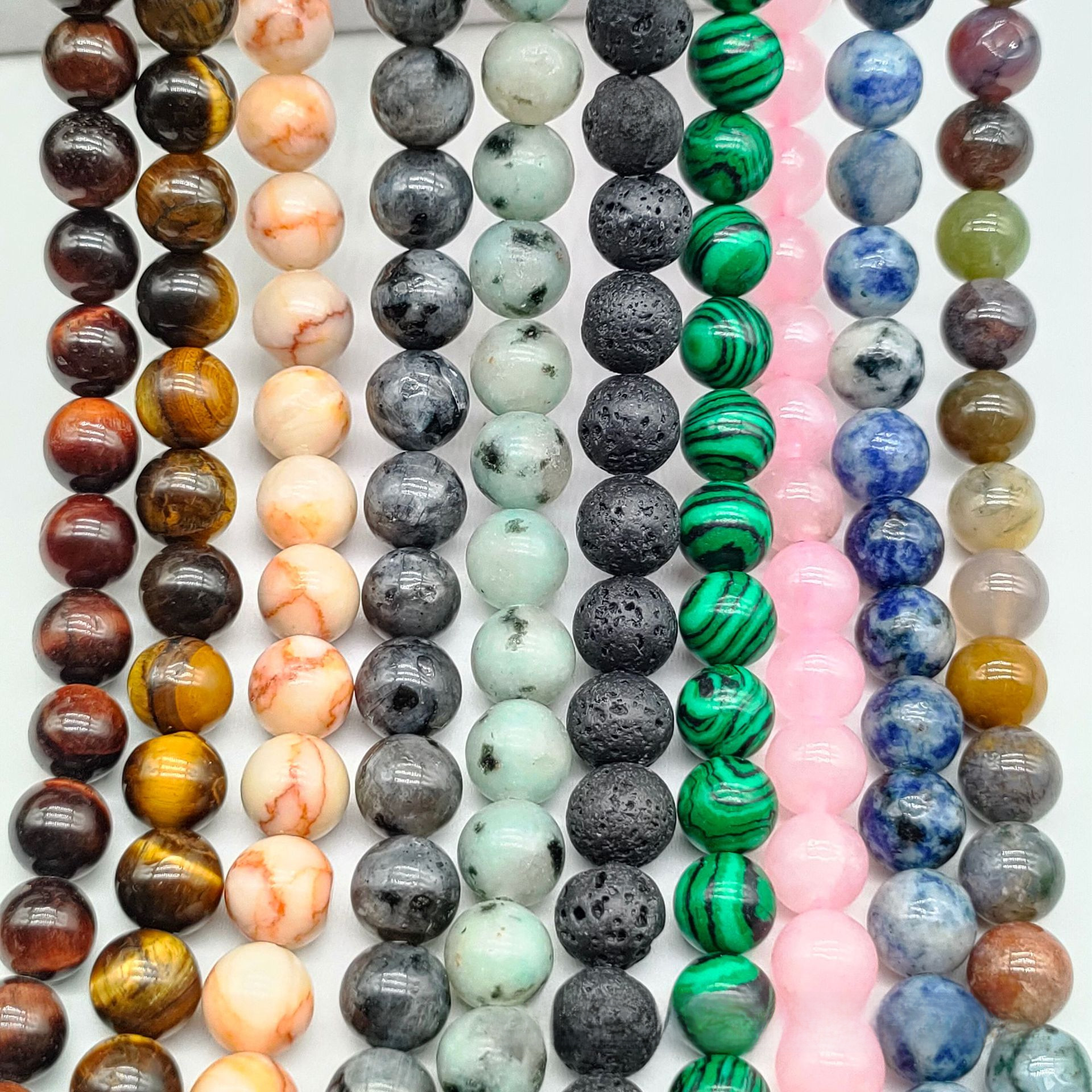粉水晶紫水晶散珠子 虎眼藍點孔雀石火山石光珠松石圓珠子 批發