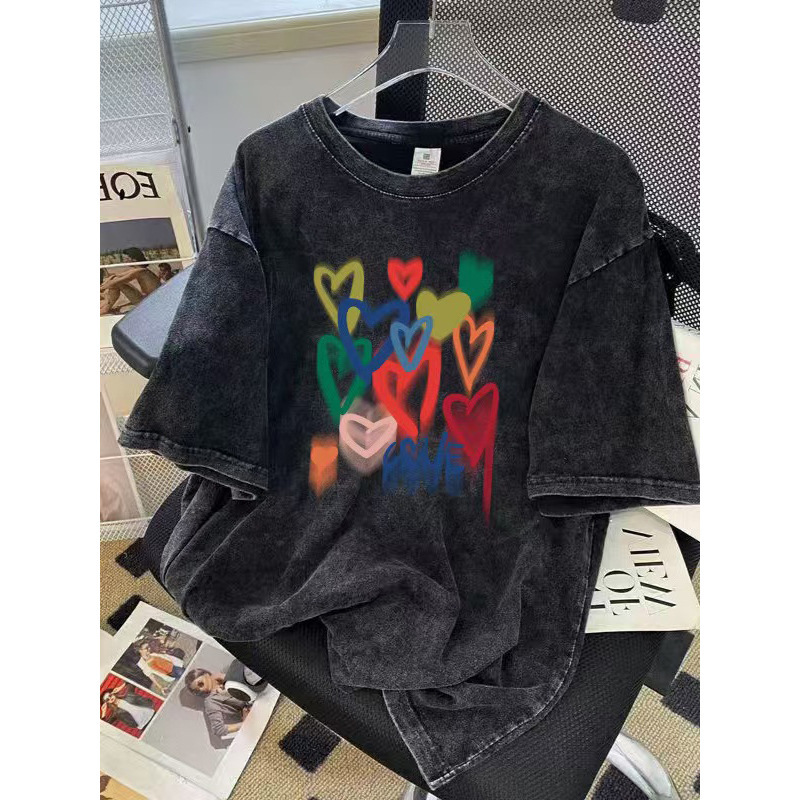 European and American Hiphop Trendy Brand Distressed Short-Sleeved T-Shirt Women's Large Size Loose Oversize Washed Black Printed Tops
