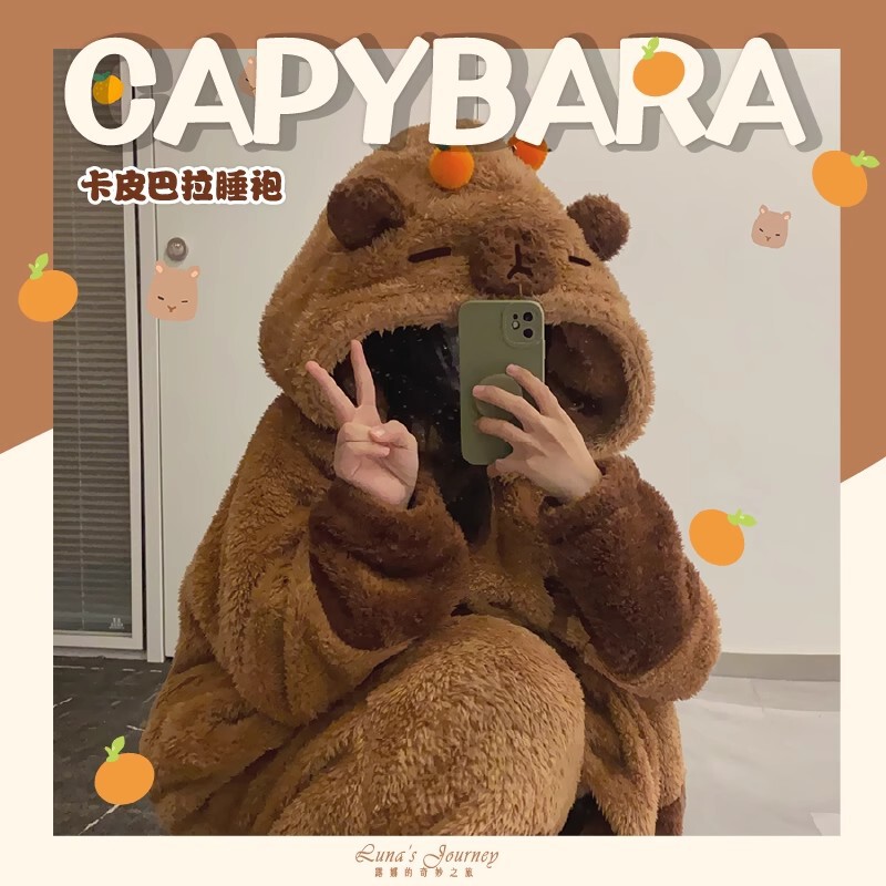 Capabala winter pajamas women's coral fleece Luna nightgown suit fleece-lined thickened cute capybara homewear women