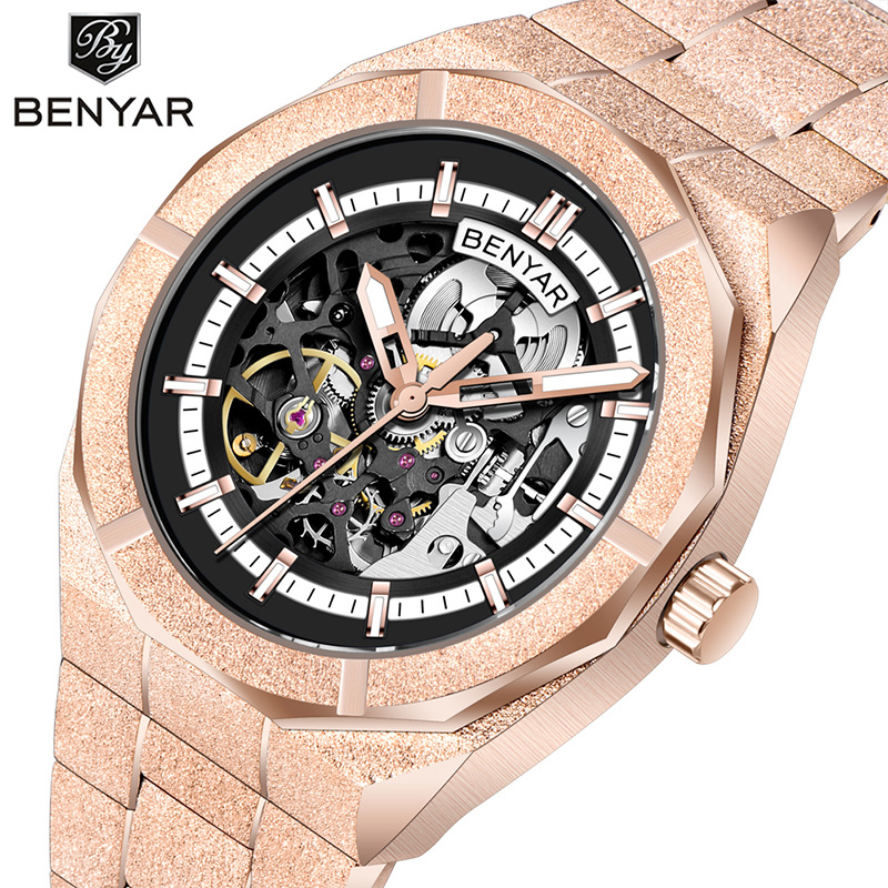 Benyabenyar reloj de hombre mecánico automático de moda impermeable nocturna deportivo hueco reloj de pulsera de acero 5212