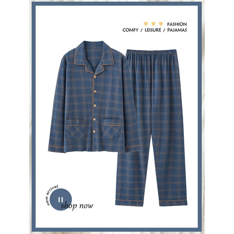 Pure Cotton Pajamas Men's Spring and Autumn Long-Sleeved Suit Pure Cotton Thin Plaid Large Size Can Be Worn Outside Home Clothes