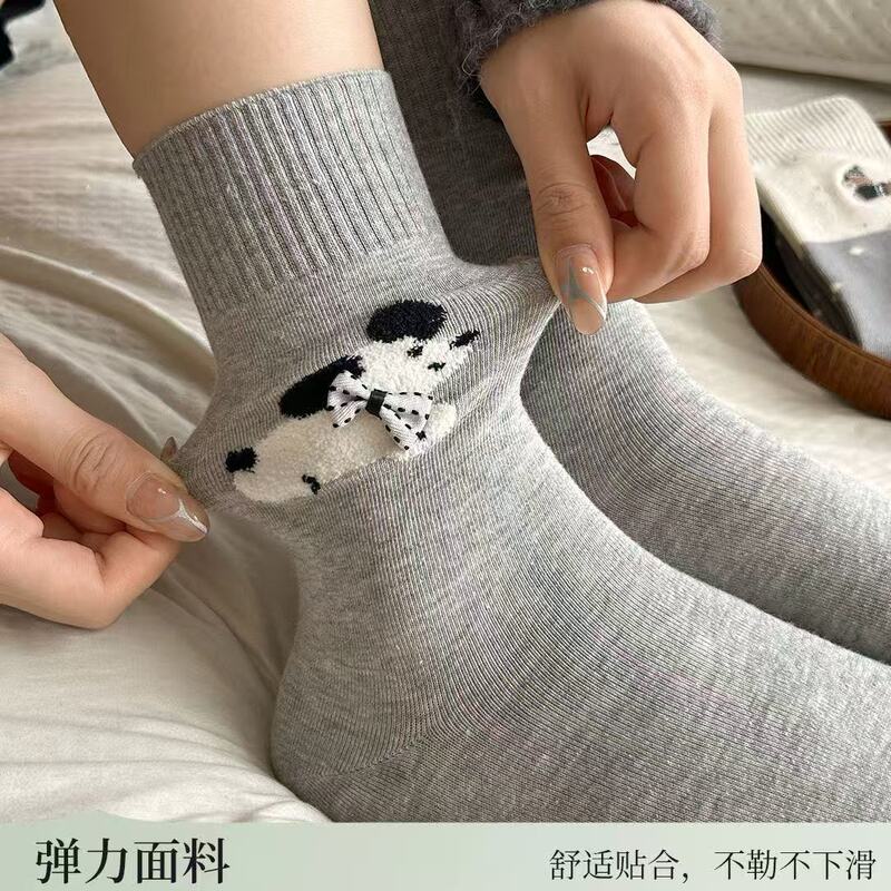 可爱小狗袜子女早秋中筒ins费尔岛植绒韩版灰色卡通甜美百搭袜子|undefined