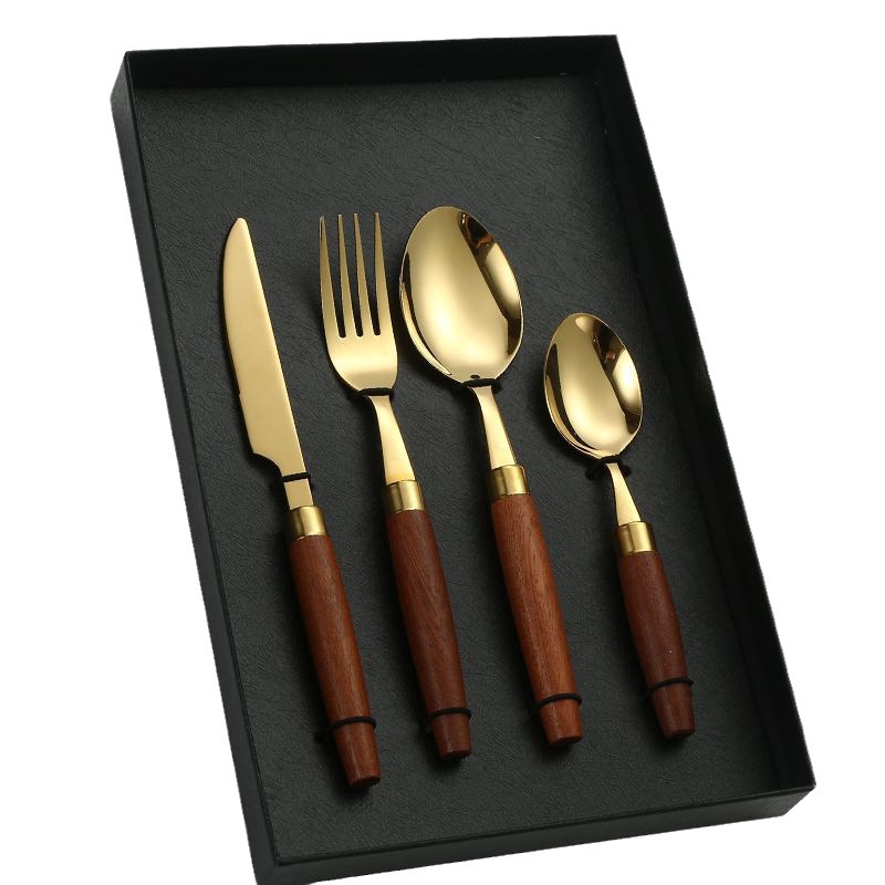 Vintage Western-Besteckset mit Griffen aus Sapele-Holz, 4-teilig, aus Edelstahl: Steakmesser, Gabel, Löffel_voghion.com