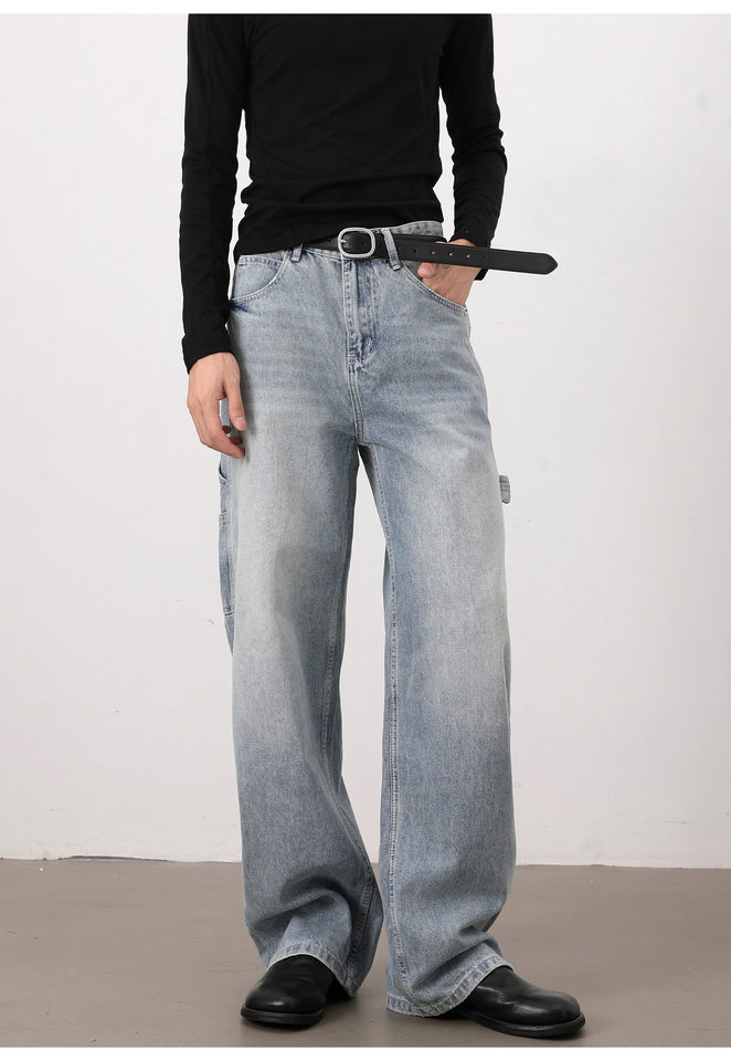 Quần jeans nam màu xanh nhạt dáng rộng ống đứng phong cách high street — Màu xanh dương chi tiết 13