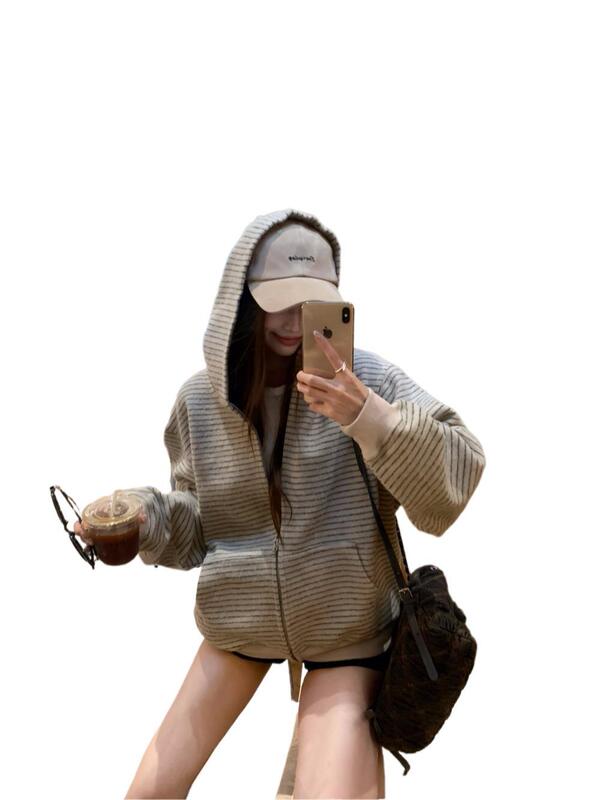 美式复古撞色条纹连帽卫衣女秋季慵懒风宽松休闲百搭长袖开衫外套|undefined
