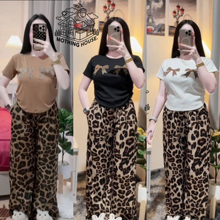 Foreign Trade Explosions Fashion Two-piece Women's Summer New Leopard Print Short-sleeved Wide-leg Pants Casual plus size suit