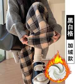 女童加绒裤子秋冬季2025新款中大童加厚一体绒格子休闲裤女孩裤子