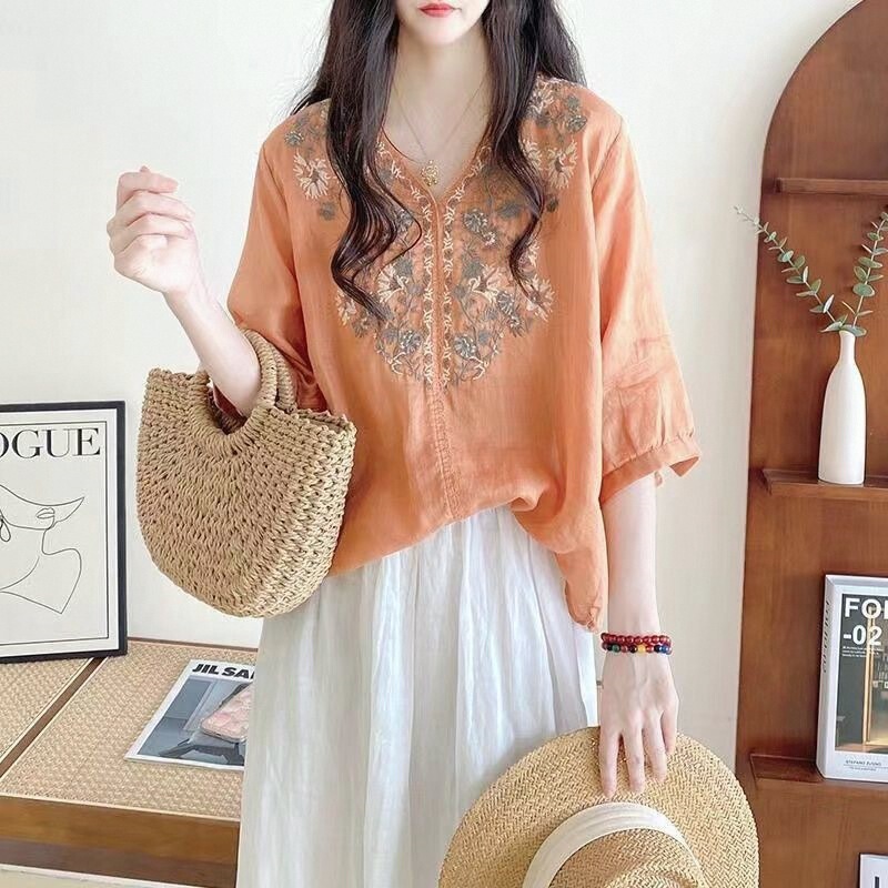 Fashionable Autumn and Winter Cotton and Linen Shirts for Women 2025 New Style Commuting Literary Loose V-Neck Embroidered Mid-Sleeve Babydoll Tops