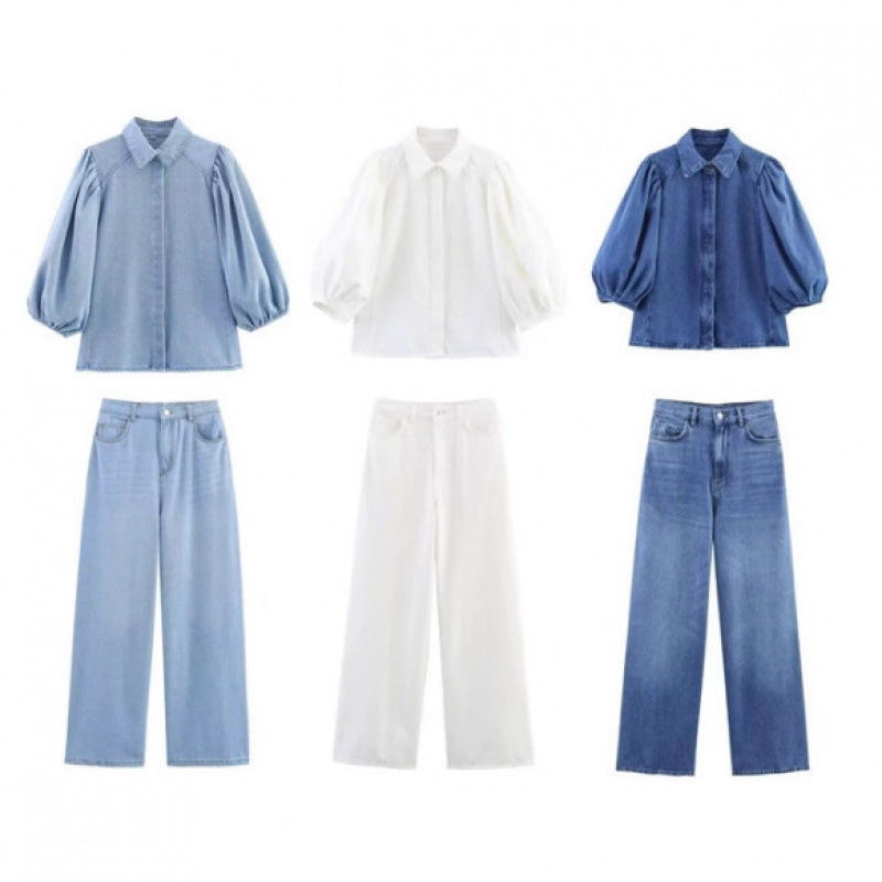 Cross-Border European and American Fashion Aliexpress Popular Versatile Denim Polo Collar Puff Sleeve Shirt + Pants Set