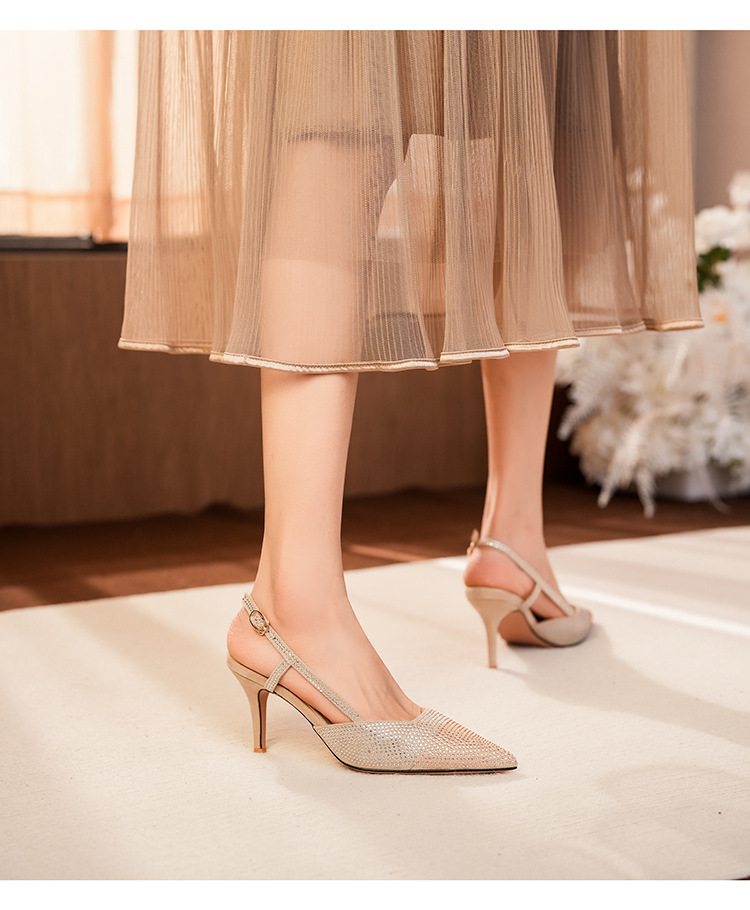 7755-6 Rhinestone Studded Open Back Sandals With Heel Cover, Shiny High Heels, Thin Heels For Commuting, Professional,_voghion.com