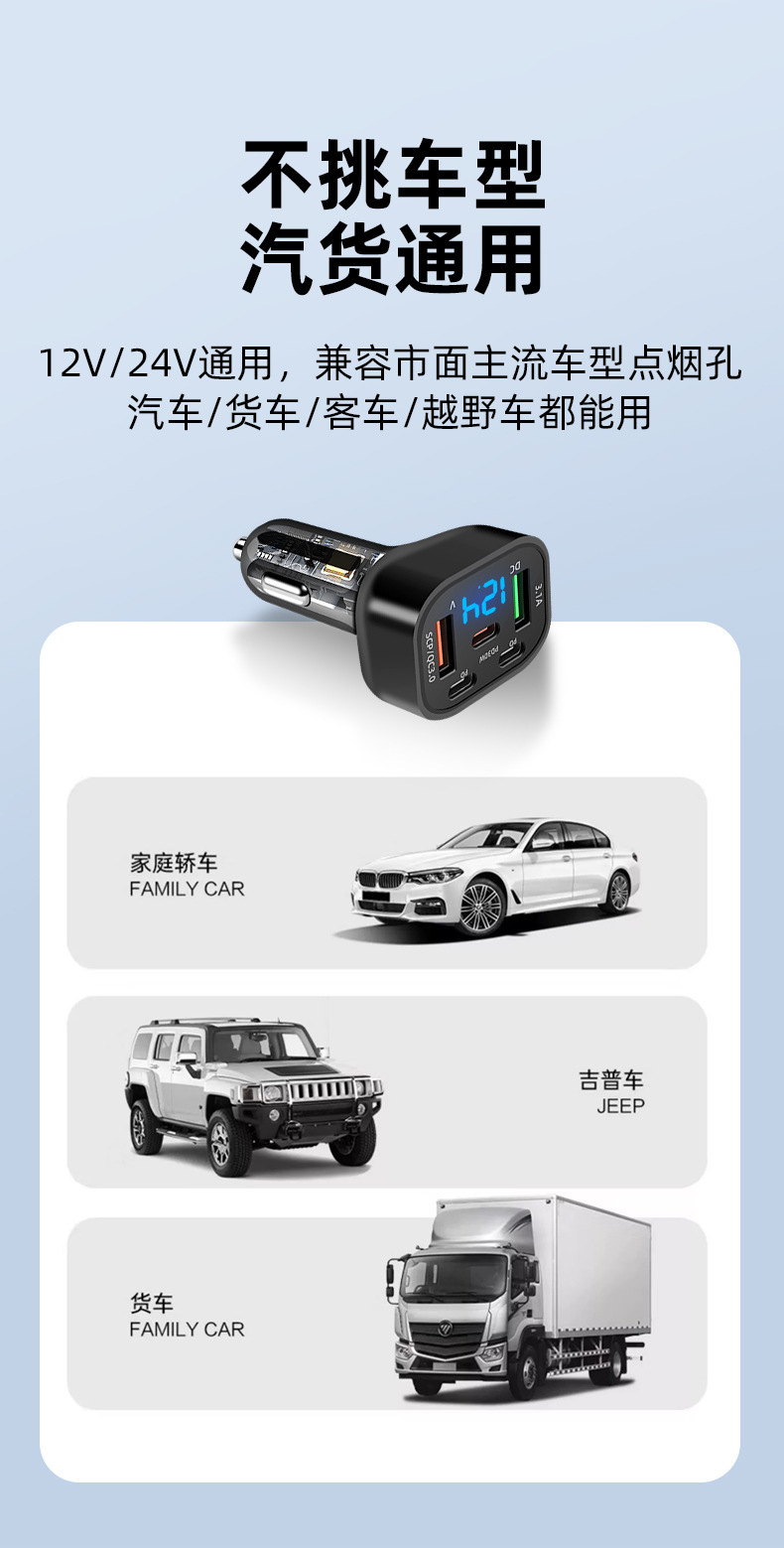 Cross-Border New Model Qc3.0 Super Fast Charging Multi-Port Digital Display Car Charger 100W Digital Display Transparent Car Charger