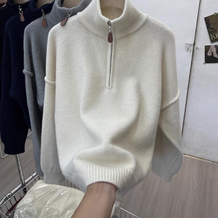 Autumn and Winter New Style Turtleneck Sweater for Women, Half-Zip, High-End, Loose, Lazy Style Knitted Sweater Top