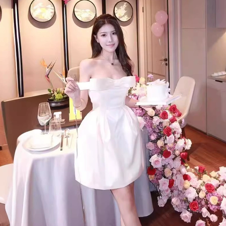 Short white dress, open shoulders, city style, Birthday gift