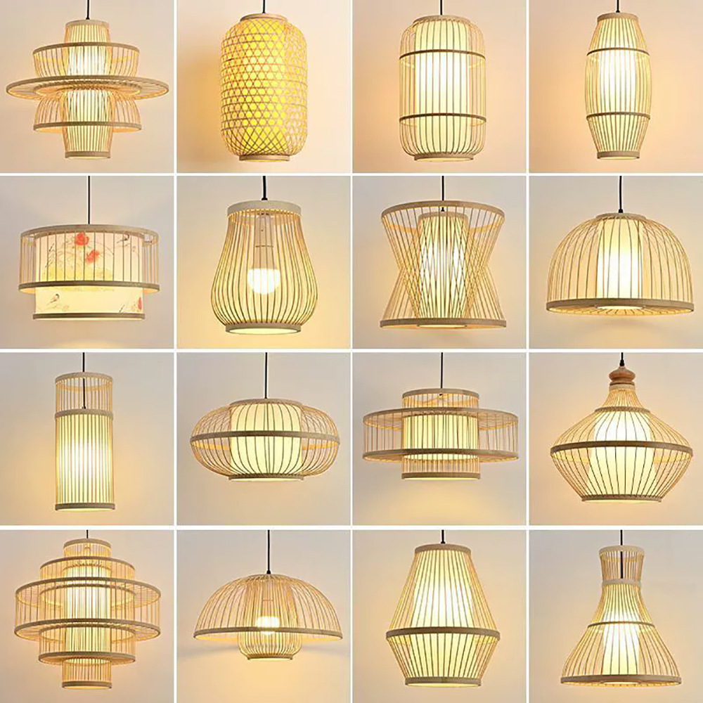 Candelabro de bambú nuevo estilo chino Zen estilo japonés lámpara de bambú B & B restaurante de olla caliente linterna de restaurante lámpara tejida de bambú y ratán al por mayor