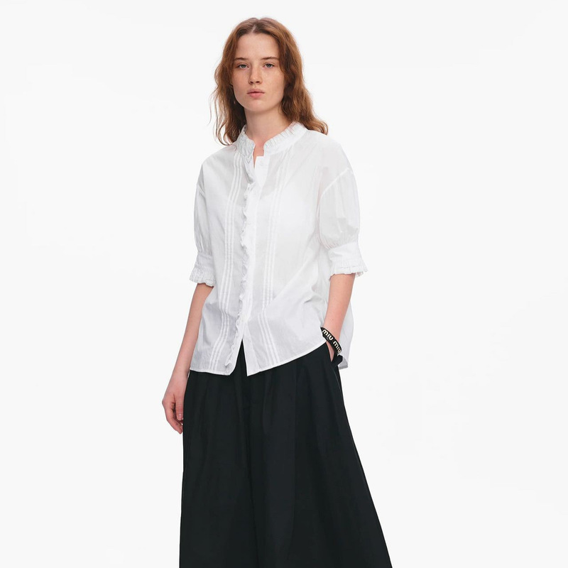 White Moonlight Shirt Combed Cotton Loose Fit Small Stand Collar Lace Puff Sleeve Short Sleeve White Shirt for Women Summer New Casual Style White Moonlight Shirt Combed Cotton Loose Fit Small Stand Collar Lace Puff Sleeve Short Sleeve White Shirt for Women Summer New Casual Style