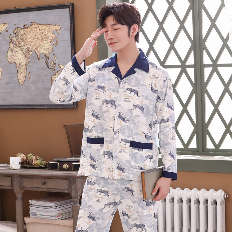 Pijamas de los hombres de manga larga de algodón de primavera y otoño delgada más el tamaño de prendas de vestir exteriores de los hombres pijamas de invierno homewear