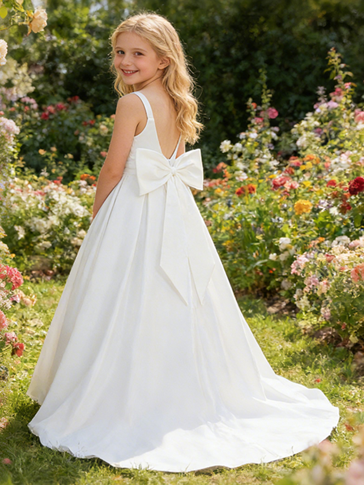 Niñas europeas y americanas trailing vestido de gran tamaño, satin, gran arco, vestido de princesa, vestido de fiesta para niños.