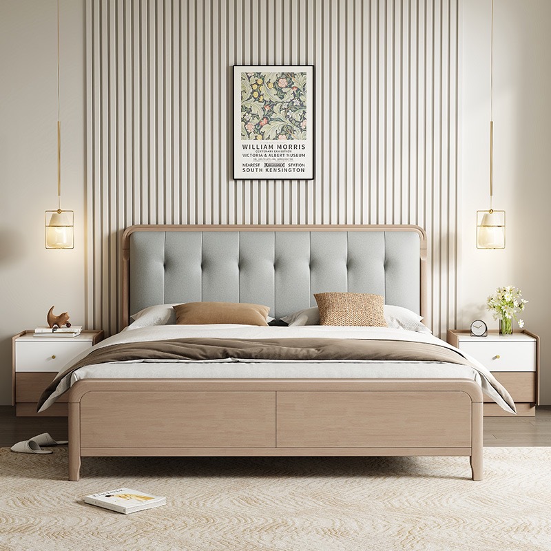 Estilo nórdico 1,8 m cama de madera maciza dormitorio principal cama doble 1,5 m dormitorio secundario cama individual caucho madera registro viento suave cama