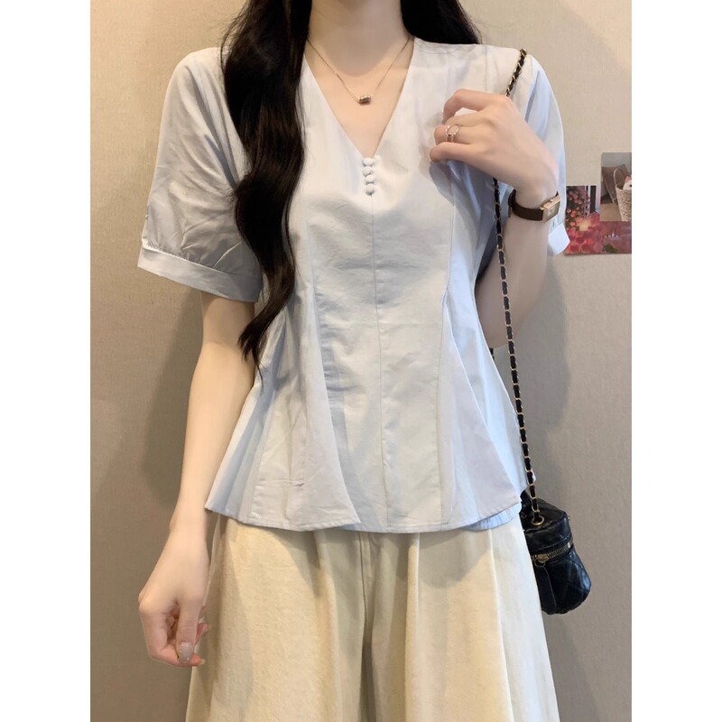 Plus Size Women's Casual Short-Sleeved Blue Shirt Summer Fat mm Cover-Up Slimming Look Top High-End Right Shoulder Shirt A3939
