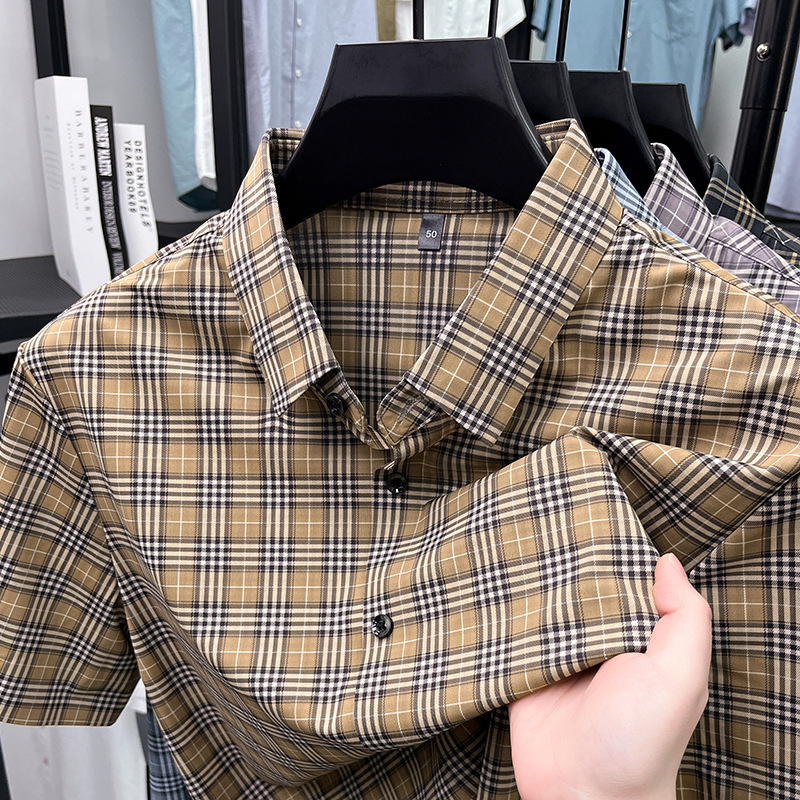 Fashion New Men's Shirt Collar Double-Sided Printed Short-Sleeved Plaid Shirt Casual Simple Trendy Versatile Top