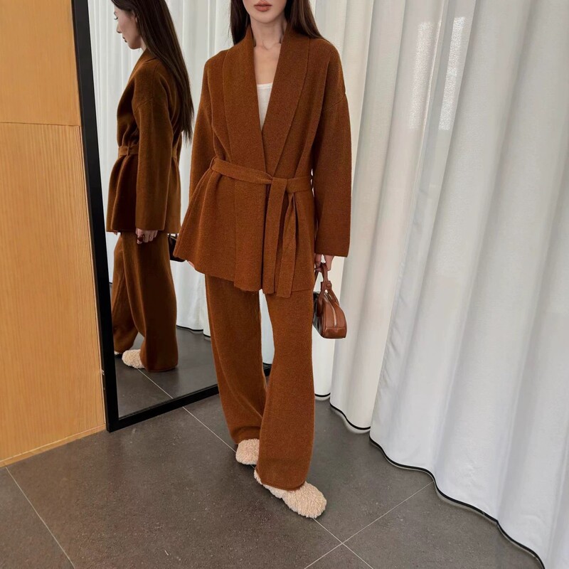 Korean-style autumn and winter casual bathrobe-style green fruit collar tie-up knitted cardigan and wide-leg long pants two-piece set for women Korean-style autumn and winter casual bathrobe-style green fruit collar tie-up knitted cardigan and wide-leg long pants two-piece set for women