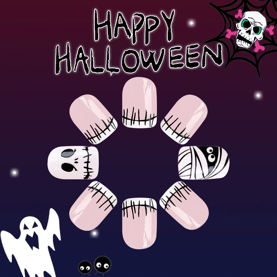 Short Giny Square Armor Halloween Thriller Skull Mummy Light Powder Wear Nail Pieces 2024 New 24 Pieces_voghion.com