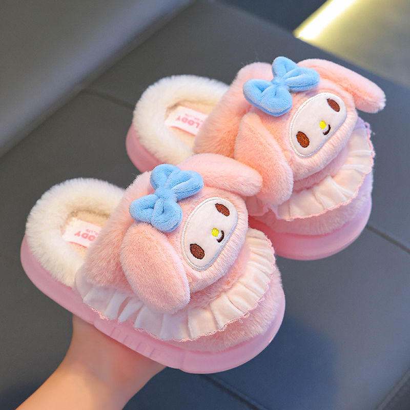 Melody bolsas de invierno para niños zapatos de algodón de talón cálido y pelusa Sanrio anti-deslizante zapatillas de algodón para padres e hijos