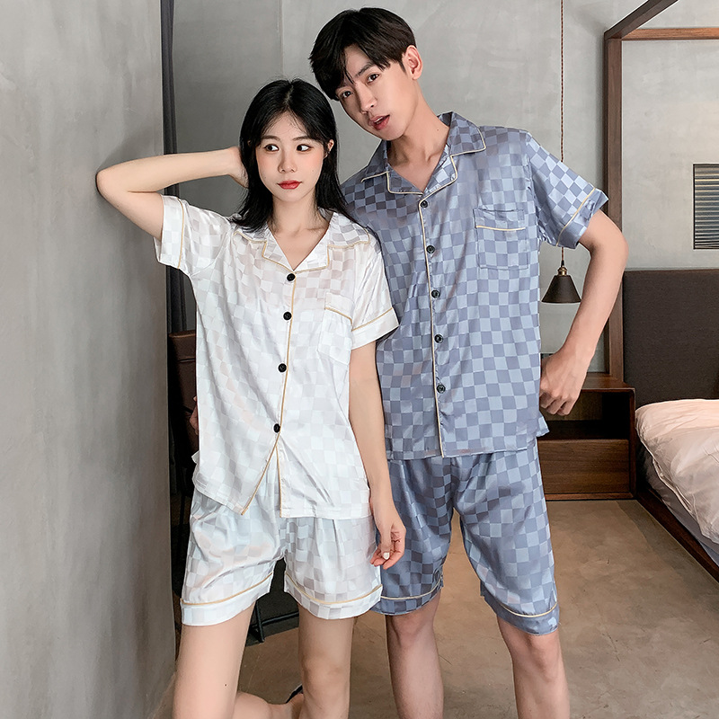 Pijamas de verano hombres de seda artificial jacquard Plaid pareja de Mujeres de manga corta de solapa cardigan casual cómodo traje de uso doméstico