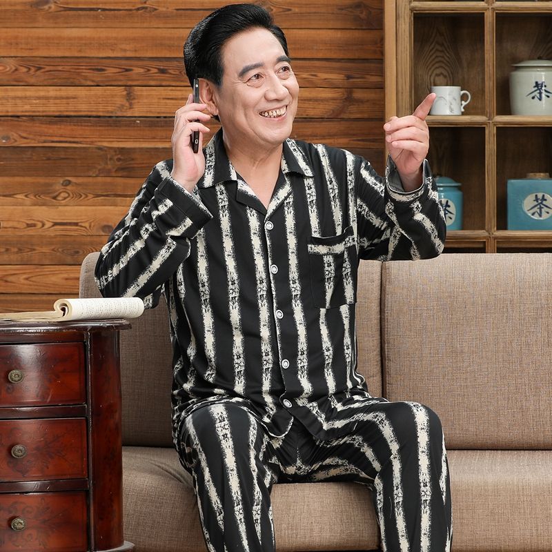 Pijamas de mediana edad y ancianos hombres 100% algodón primavera y otoño manga larga otoño e invierno más tamaño viejo papá traje de uso doméstico