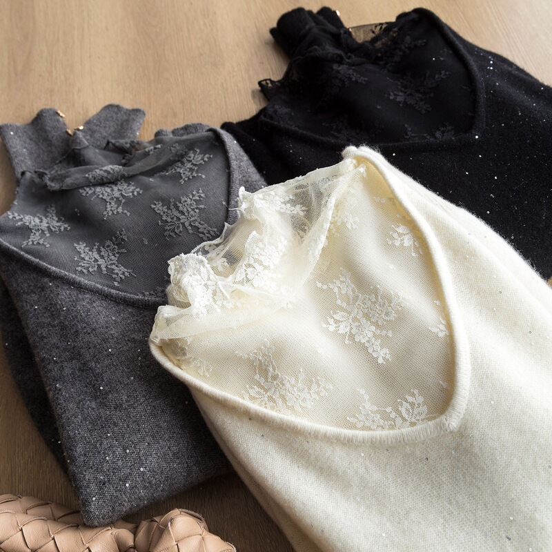 Starry Night Lace, Soft Sequin-Embellished Wool Blend V-Neck Knit Top with Lace Patchwork, Faux Two-Piece Design