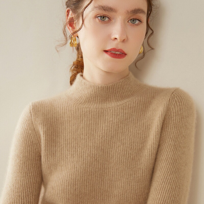 Women's cashmere sweater for autumn and winter, featuring a half-high collar, thickened inner layer, slim fit, and a ribbed knit design, perfect as a base layer