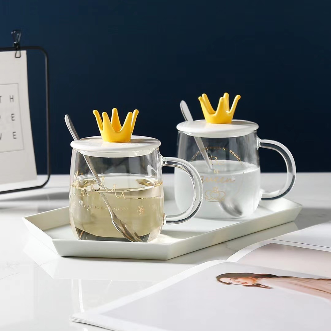 Estilo nórdico personalidad creativa corona vidrio transparente regalo con tapa cuchara taza de café simple Oficina inglés