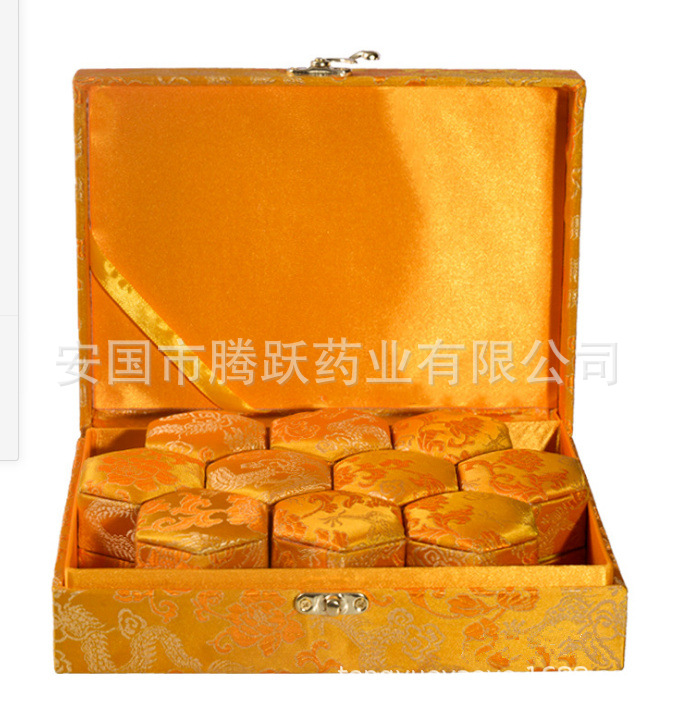 Brocade Gift Box for Herbal Pills Empty Packaging Case 11 Slots Red Jiangnan Fabric and Cardboard in use
