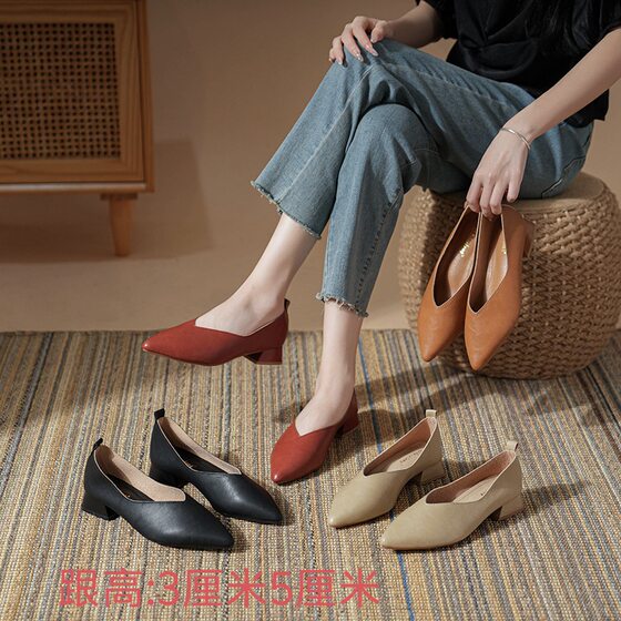 Square Head Soft Leather Work Shoes Women's Shoes Soft Sole Long Standing Not Tired Professional Comfortable High Heels Thick Heel Shoes Don't Fall off Heels