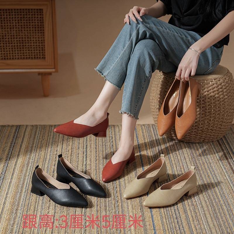 Square Head Soft Leather Work Shoes Women's Shoes Soft Sole Long Standing Not Tired Professional Comfortable High Heels Thick Heel Shoes Don't Fall off Heels
