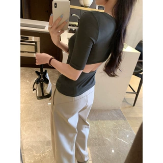 欧货性感辣妹后背露腰中袖T恤女夏2026新款圆领修身紧身小上衣