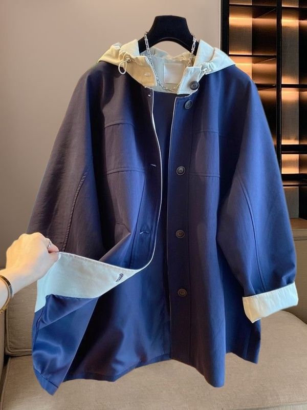 撞色拼接连帽美式棒球服夹克风衣女春秋款新款韩版宽松洋气冲锋衣|undefined