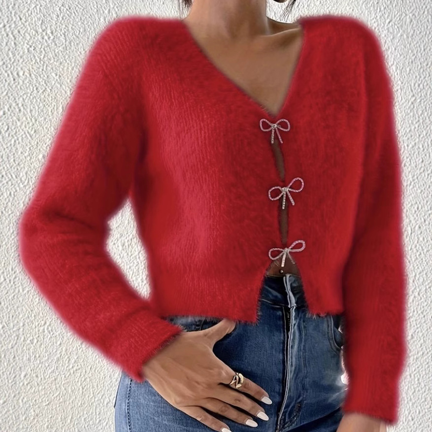 Oversized V-Neck Faux Mink Cardigan – Plush Acrylic Blend With Ribbed Cuffs (S-XL, Winter Pink/Red, Boho Streetwear Essential)_ecoleips.com