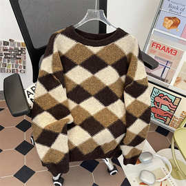 复古撞色菱格长袖情侣毛衣外套女2025秋冬韩系宽松显瘦针织上衣潮