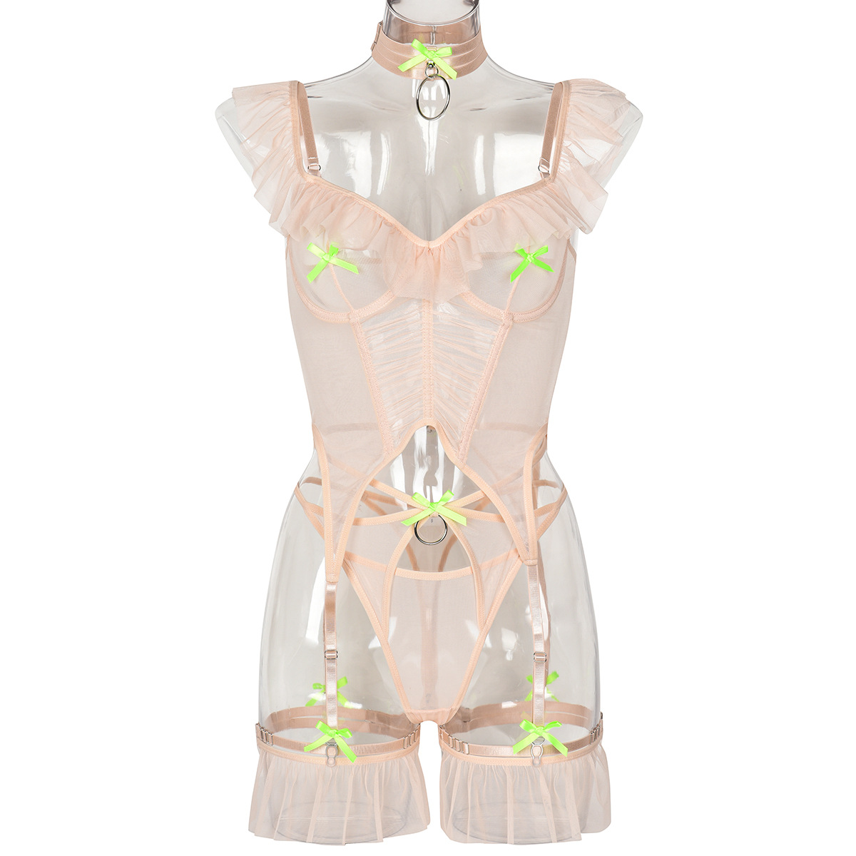 Europa y América nueva malla elástica chica sexy costura espina de pescado conformación backless Sling mono 4 piezas conjunto 3389