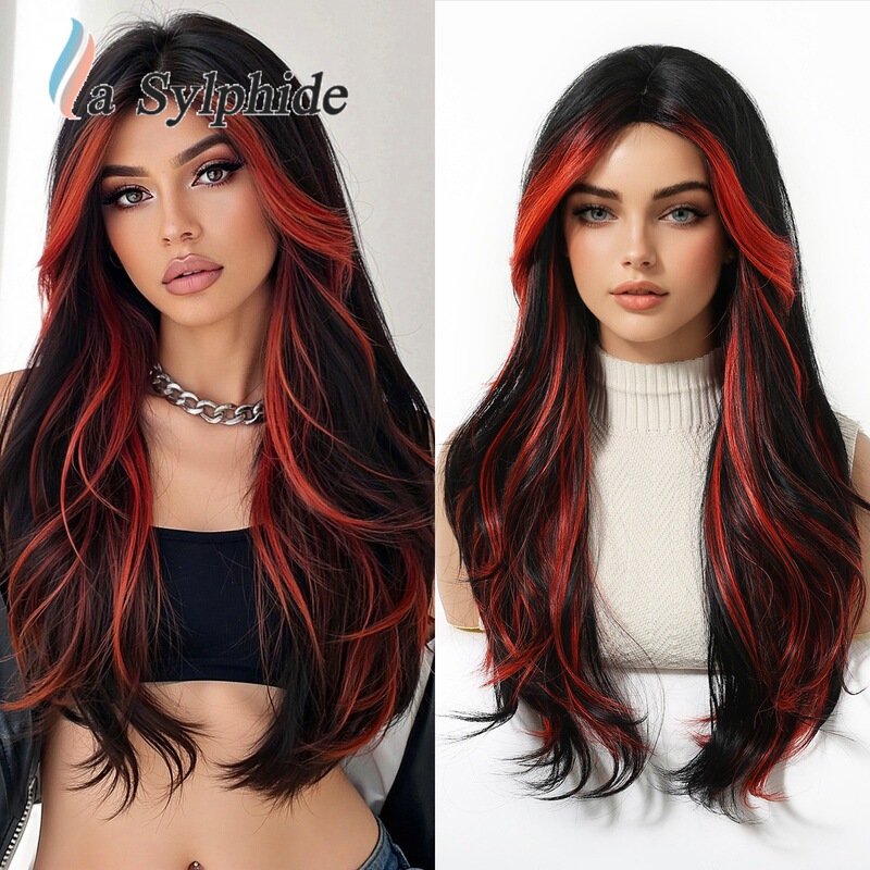 Wig Female Middle Part Halloween Red Highlights Cos Long Curly Hair Synthetic Rose Net Ray-Ban Wig Cross-Border Wig Female Middle Part Halloween Red Highlights Cos Long Curly Hair Synthetic Rose Net Ray-Ban Wig Cross-Border