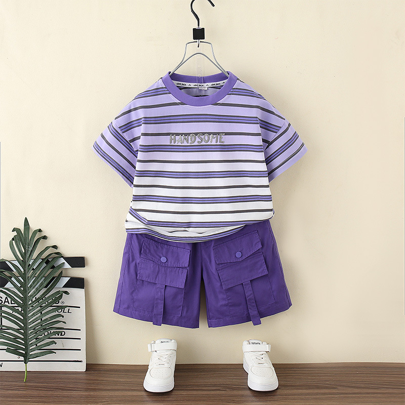 7379 traje de verano para niños 2025 nuevo estilo guapo bebé delgado verano estilo occidental niños manga corta de dos piezas marea