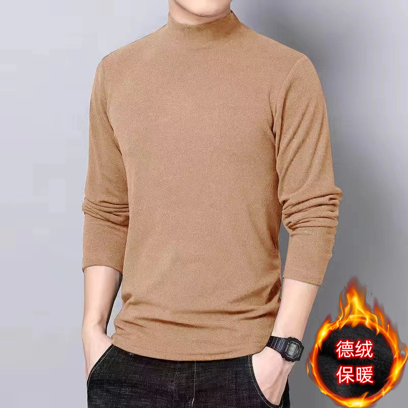 가을과 겨울 양면 벨벳 청소년 세미 하이 칼라 긴팔 티셔츠 최고 남성용 슬림형 단색 따뜻한 기본 셔츠