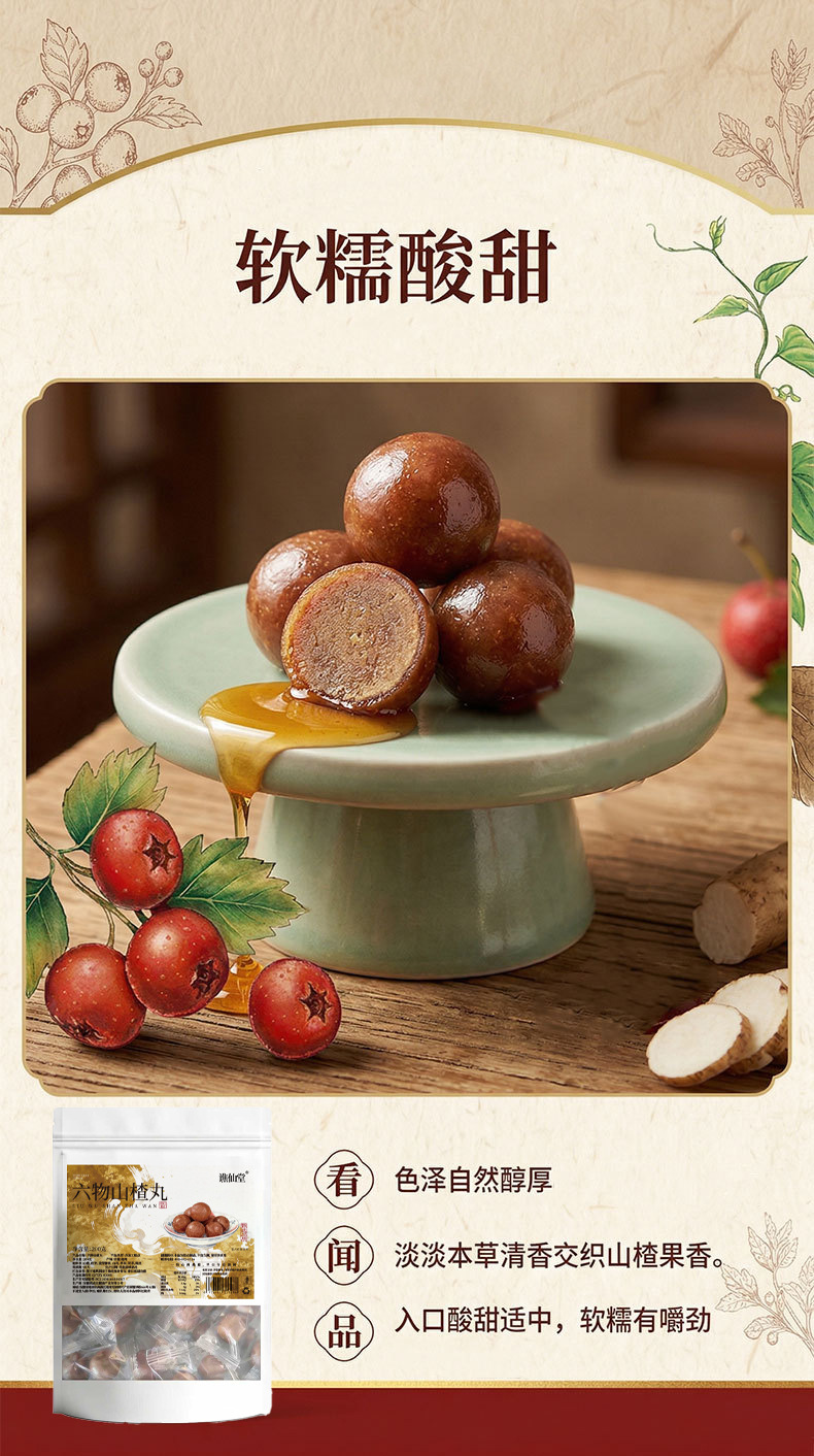 Six Herb Hawthorn Balls Liu Wu Shan Zha Wan 200g Sweet Sour Snack with Tangerine Peel Chinese Yam Poria specifications