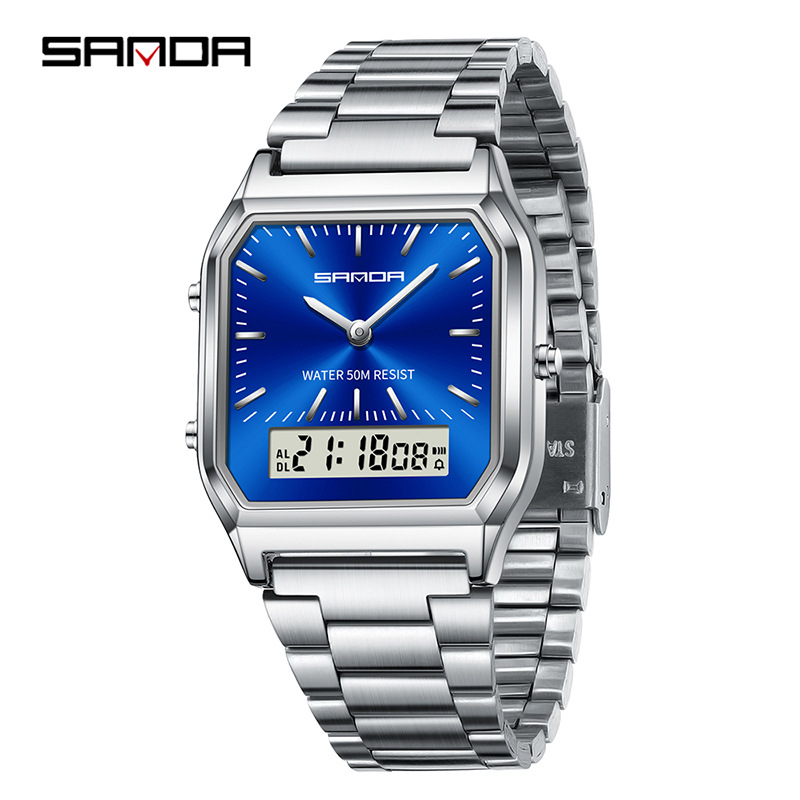 SANDA SANDA 747 hombre retro reloj electrónico de negocios moda moda personalidad reloj de hombre correa de acero reloj de pulsera ligero