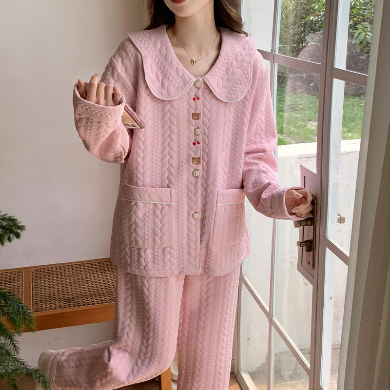 秋と冬の女性用パジャマ、暖かく厚みのある中間層エアコットン長袖ズボン、人形の襟、純綿の甘いホームウェアセット|undefined